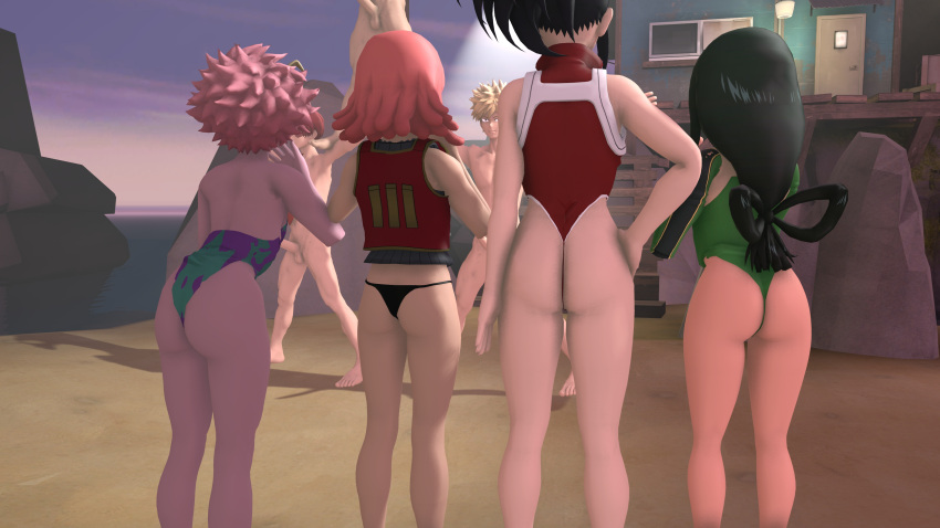 ass bikini_bottom cfnm exposed_ass exposed_legs female_focus mei_hatsume mina_ashido momo_yaoyorozu my_hero_academia one-piece_swimsuit scuba sfm swimsuit theone47 tsuyu_asui two_piece_swimsuit vest wedgie