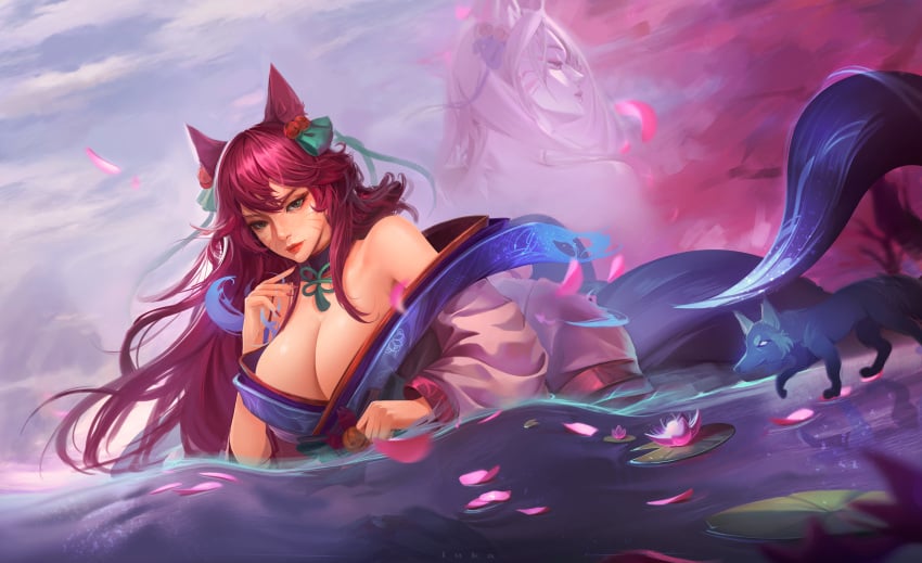 9_tails ahri alternate_costume alternate_hair_color alternate_hairstyle animal_ear_fluff animal_ears animal_girl bangs bell big_breasts blue_eyes breasts busty cherry_blossoms choker cleavage clothing curvaceous curves curvy curvy_body curvy_female curvy_figure curvy_hips detailed_background eyelashes eyeliner eyeshadow facial_markings female fluffy fluffy_ears fluffy_tail fluffy_tails forest fox fox_ears fox_girl fox_tail furry_tail hair_ornament hair_ribbon hourglass_figure huge_breasts humanoid inner_ear_fluff japanese_clothes kemonomimi kimono kitsune large_breasts league_of_legends light-skinned_female light_skin lips lipstick long_hair lu_ka massive_breasts multiple_tails nature nine_tailed_fox outdoors pale-skinned_female pale_skin pink_hair riot_games robe spirit_blossom_ahri spirit_blossom_series tail vastaya video_games