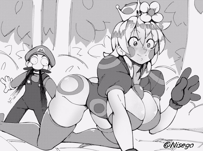 1boy 1girls 2018 arched_back artist_name ass big_ass big_breasts black_and_white cleavage crown curvaceous curvy flower forest gloves humanized mario mario_(series) new_super_mario_bros._u_deluxe nintendo nisego nosebleed super_crown super_mario_bros. thick_thighs thighhighs wiggler wigglette