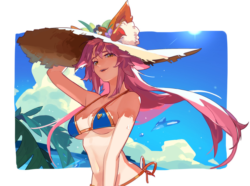 animal_ear_fluff animal_ears arm_up bangs bikini blue_bikini blue_sky breasts brown_eyes brown_headwear cleavage commentary_request day eyebrows_hidden_by_hair fate/grand_order fate_(series) female flower fox_ears hair_between_eyes hand_on_headwear hat hat_flower highres long_hair looking_at_viewer medium_breasts navel parted_lips pink_hair purple_flower red_flower short_eyebrows side-tie_bikini sky smile solo straw_hat sun swimsuit tamamo_no_mae_(fate) tamamo_no_mae_(swimsuit_lancer) thelian thick_eyebrows upper_body very_long_hair