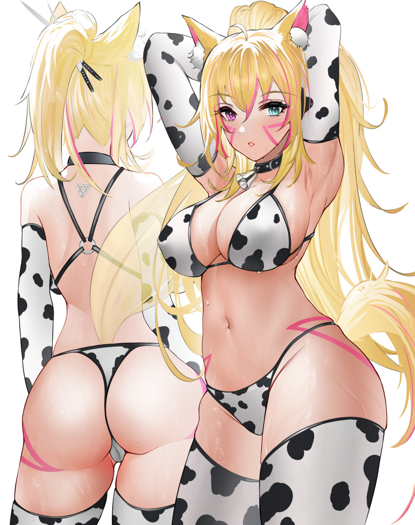 absurdres ahoge animal_ear_fluff animal_ears animal_print armpits arms_at_sides arms_behind_head arms_up ass bangs bell bikini black_collar blonde_female blonde_hair blue_eyes body_markings breasts cameltoe cleavage collar commission cow_print derlyt evoxy facial_mark facing_away female from_behind gloves hair_between_eyes heterochromia highres indie_virtual_youtuber large_breasts legs_apart long_hair looking_at_viewer multicolored_hair multiple_views navel neck_bell o-ring o-ring_bikini pink_hair ponytail print_bikini print_gloves print_thighhighs purple_eyes simple_background standing streaked_hair sweat swimsuit tail thighs thong_bikini two-tone_hair virtual_youtuber white_background