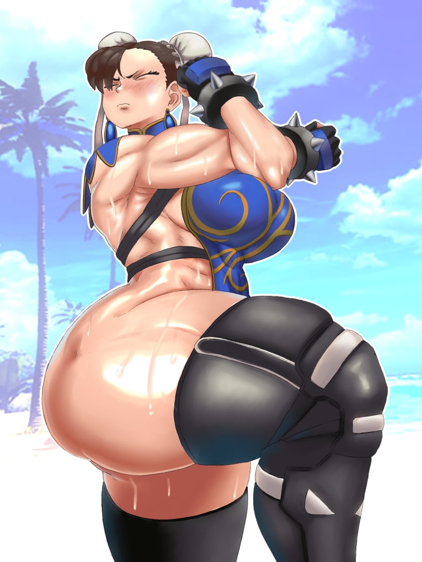 1girls alternate_costume ass big_breasts blush breasts brown_hair capcom chun-li closed_eyes clothed clothing divine_wine double_bun female female_only huge_breasts human light-skinned_female light_skin mcflarey mostly_nude official_alternate_costume solo street_fighter stretching thick_thighs thighs vampiranhya_(artist) voluptuous wide_hips