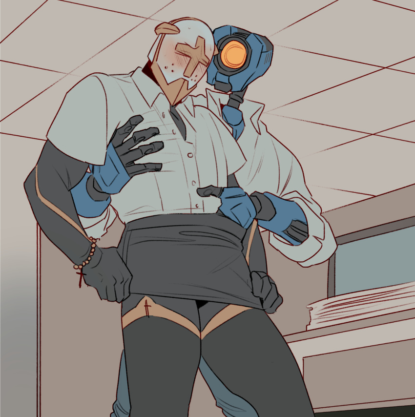 blush blush_lines blushing button_down_shirt clothed color colored faceless faceless_male francishsie gabriel_(ultrakill) gay hand_in_skirt hand_on_chest miniskirt robot rosary sweat sweatdrop sweating thigh_highs thigh_socks thighhighs ultrakill ultraoffice v1_(ultrakill)