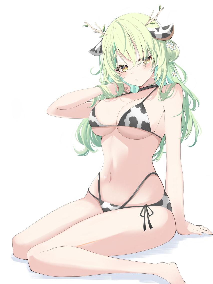 beauty_mark bikini_bottom bikini_top blush ceres_fauna choker cow_ears cow_print cowkini feet_out_of_frame green_hair hololive hololive_english hololive_english_-council- hololive_english_-promise- horns looking_at_viewer on_knee pov tucking_hair_back virtual_youtuber white_background yellow_eyes