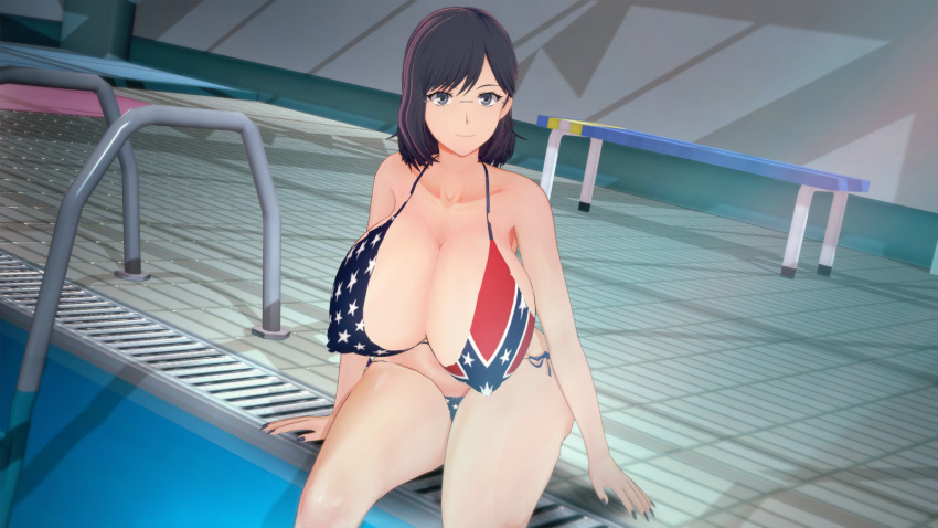 1girls big_breasts big_thighs bikini black_eyes black_hair breasts busty feet_in_water female female_only flag_bikini gigantic_breasts glasses huge_breasts huge_thighs koikatsu konori_mii large_breasts massive_breasts massive_thighs nipple_bulge pepper_box sitting solo solo_female swimming_pool swimsuit thick_thighs thighs to_aru_kagaku_no_railgun to_aru_majutsu_no_index water