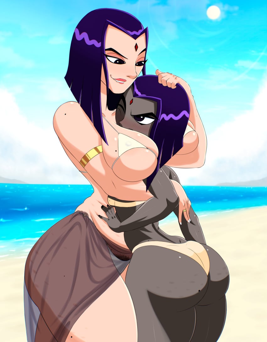 2girls arella_roth ass beach big_ass big_breasts big_butt bikini breasts cellulite dat_ass dc dc_comics female female_focus female_only hugging incest mature_female milf mother_and_daughter porongoneitor purple_eyes purple_hair rachel_roth raven_(dc) sarong see-through see-through_sarong size_difference swimsuit teen_titans thick_thighs thighs white_bikini white_swimsuit yuri