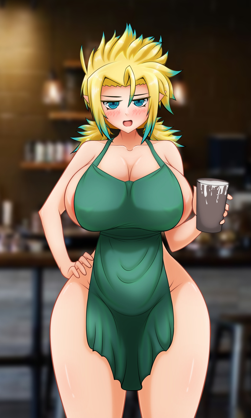 absurd_res apron apron_aside apron_only big_breasts big_hips blue_eyes blurry_background blush blush_lines breast_milk breasts curvaceous curvy curvy_figure female female_focus female_only high_resolution highres huge_breasts iced_latte_with_breast_milk iddie ifunny lactation large_breasts meme milk minstlu multicolored_hair smile solo wide_hips yellow_hair