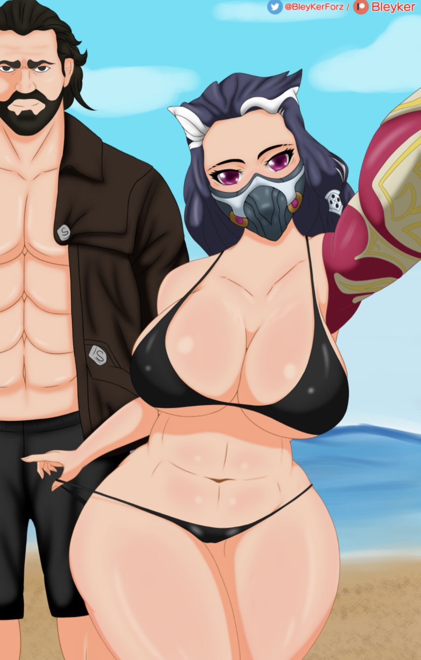 1boy 1girls abs beach beard bikini bleyker dark_hair dilf huge_breasts human_form large_breasts large_hips league_of_legends mask masked_female milf pink_eyes prosthetic_arm renata_glasc robotic_arm selfie swimsuit thick_thighs thong vander warwick wide_hips