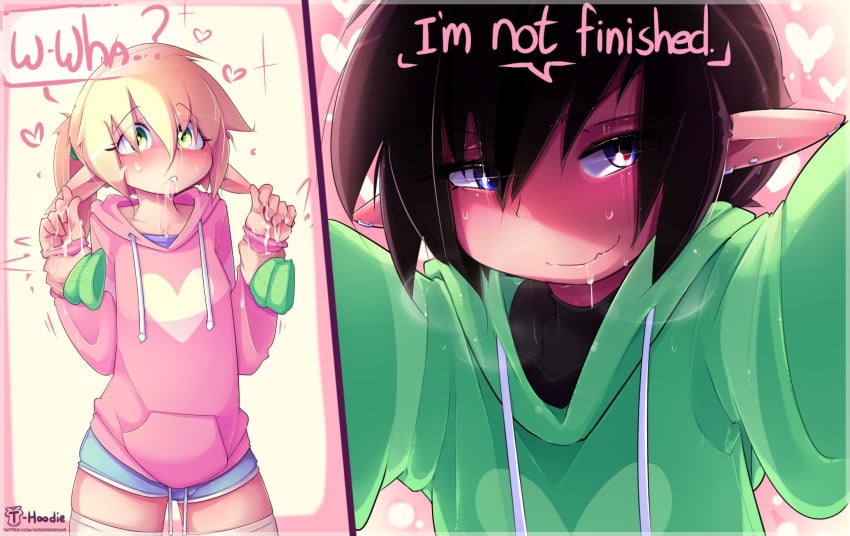 2022 2boys after_fellatio after_sex bottomless clothed clothing cum_on_face dialogue duo elf english_text femboy femboy_on_femboy fully_clothed girly hoodie hoodie_(artist) humanoid jacket light-skinned_male light_skin male male_only max_(hoodie) text thigh_highs thighhighs vick_(hoodie)