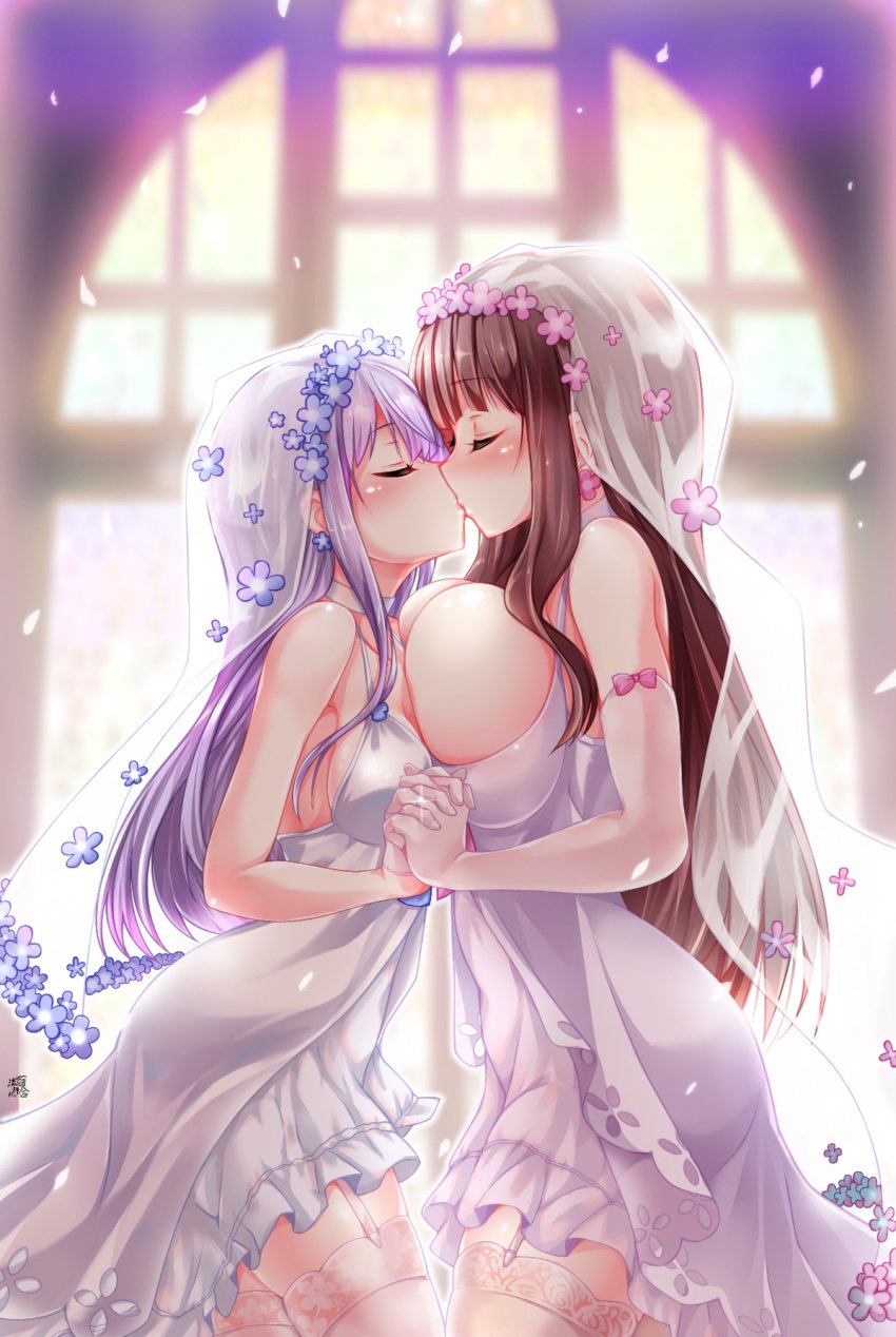 2girls asymmetrical_docking backlighting bangs blunt_bangs breast_press breasts bridal_veil brown_hair closed_eyes collarbone commentary_request commission dress elbow_gloves female female_only from_side garter_straps gloves highres holding_hands huge_breasts interlocked_fingers kemoyuri kissing light_purple_hair long_hair medium_breasts multiple_girls new_game! skeb_commission sparkle suzukaze_aoba symmetrical_docking takimoto_hifumi thighhighs veil wedding wedding_dress white_dress white_gloves white_legwear wife_and_wife yuri