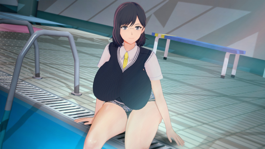 1girls big_breasts big_thighs black_eyes black_hair breasts busty feet_in_water female female_only gigantic_breasts glasses huge_breasts huge_thighs koikatsu konori_mii large_breasts massive_breasts massive_thighs pepper_box school_uniform schoolgirl sitting solo solo_female swimming_pool thick_thighs thighs to_aru_kagaku_no_railgun to_aru_majutsu_no_index water