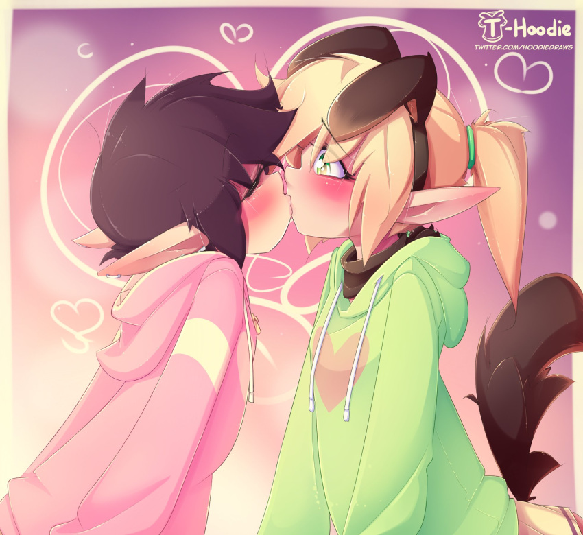 2022 2boys anal anal_insertion balls balls_in_panties black_hair blonde_hair blush clothed clothing dog_ears dog_tail elf fake_animal_ears femboy fully_clothed girly hoodie hoodie_(artist) humanoid humanoid_penis kissing light-skinned_male light_skin long_ears male male_only max_(hoodie) original panties penis pointy_ears standing upper_body vibrator vibrator_in_ass vick_(hoodie) yaoi