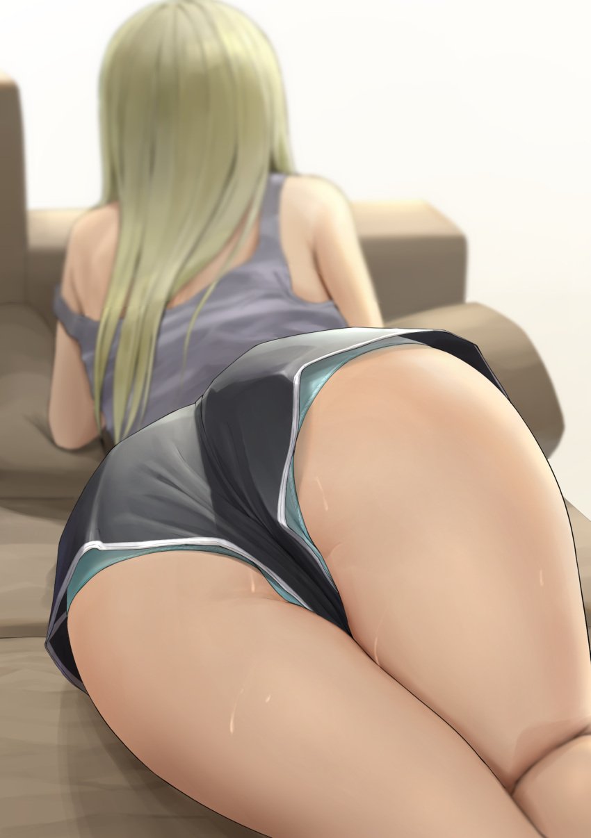 1girls 2022 absurdres alternate_version_available ano_(gccx8784) ass ass_focus blonde_female blonde_hair blue_panties blurry blurry_background breasts couch dat_ass depth_of_field facing_away female female_focus female_only from_behind grey_shirt gyaru highres long_hair lying on_couch on_stomach original paid_reward_available panties panties_under_shorts panty_peek shirt short_shorts shorts simple_background solo solo_female strap_slip sweat tank_top underwear