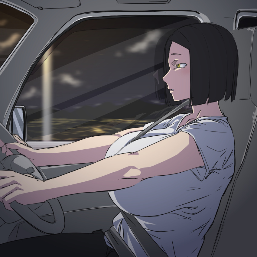 1girls bakunyuu black_hair blue_shirt breasts car car_interior car_seat cleavage collarbone covered_breasts driver driving enormous_breasts female_focus full_cleavage fully_clothed glass ground_vehicle hi_res high_resolution highres huge_breasts kaxiota massive_breasts mirror motor_vehicle mountain mountainous_horizon night night_sky nighttime original original_character reflection reflection_appearance seatbelt shirt short_hair single_female single_girl sky solo solo_female steering_wheel strapped suspicious_girl(kaxiota) vehicle_interior voluptuous voluptuous_female yellow_eyes