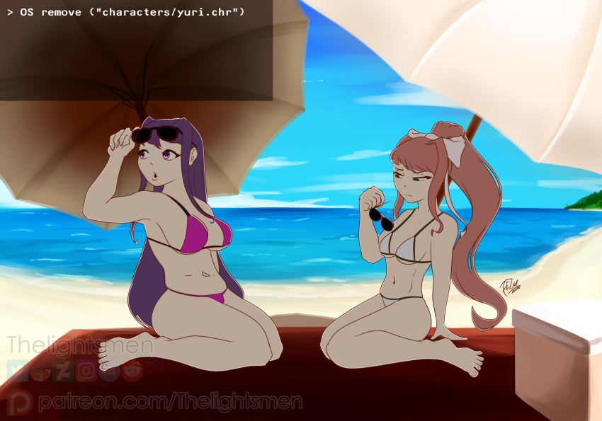 2girls beach beach_towel beach_umbrella bikini bow brown_hair doki_doki_literature_club duo eyewear_on_head female female_only glasses green_eyes lifting_sunglasses looking_at_another moments_before_disaster monika_(doki_doki_literature_club) multiple_girls ocean open_mouth purple_bikini purple_eyes purple_hair sand sitting sunglasses sunglasses_on_head text thelightsmen water white_bikini white_bow yuri_(doki_doki_literature_club)