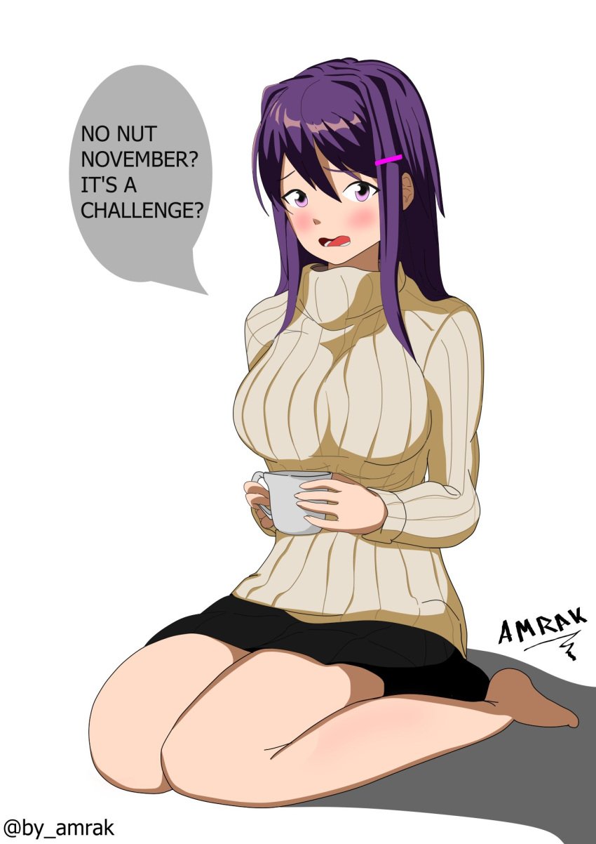 ? amrak black_skirt blush clothes confused confused_expression confused_look cup doki_doki_literature_club fully_clothed fully_clothed_female holding_cup holding_object looking_at_viewer no_nut_november open_mouth purple_eyes purple_hair sitting skirt turtleneck white_background yuri_(doki_doki_literature_club)