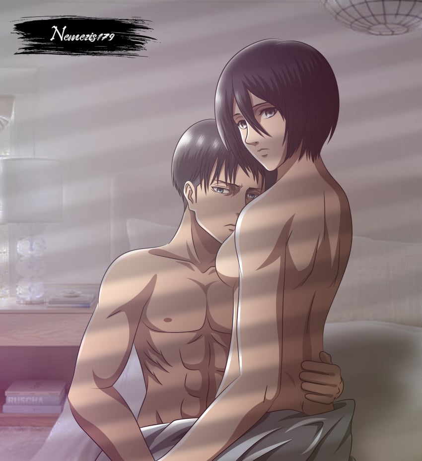 1boy 1girls attack_on_titan bedroom emotionless expressionless female glaring high_resolution in_bed levi_ackerman male male/female mikasa_ackerman muscular naked naked_female naked_male nemesis179 netorare nude nude_female nude_male older_male older_man_and_teenage_girl on_lap shingeki_no_kyojin short_hair sitting_on_lap straight suggestive topless younger_female