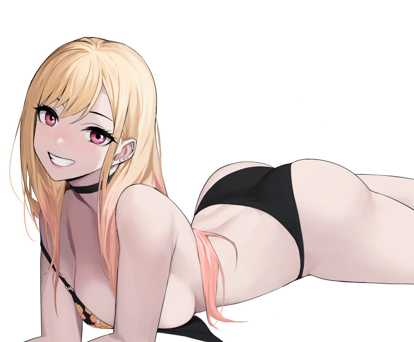 1girls 2022 arched_back ass bangs bikini black_bikini black_choker blonde_female blonde_hair breasts choker colored_tips commentary ear_piercing eyebrows_hidden_by_hair female female_focus female_only floral_print grin highres industrial_piercing kitagawa_marin knatb long_hair looking_at_viewer lying medium_breasts multicolored_hair on_stomach parted_bangs piercing simple_background smile solo solo_female sono_bisque_doll_wa_koi_wo_suru swimsuit untied untied_bikini white_background