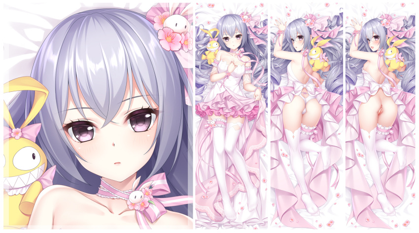 anus arm_strap ass backless_outfit bag bare_arms bed_sheet breasts cameltoe character_request choker closed_mouth collarbone dakimakura_(medium) female flower from_above grey_eyes grey_hair hair_between_eyes hair_flower hair_ornament highres layered_skirt long_hair looking_at_viewer lying miniskirt nipples on_back on_stomach panties pink_flower pink_ribbon pink_skirt pussy ribbon ribbon_choker shiny shiny_hair shoulder_blades skirt skirt_hold small_breasts solo split_screen strapless summer-d_(dodojune) thighhighs underwear very_long_hair white_panties white_thighhighs zettai_ryouiki