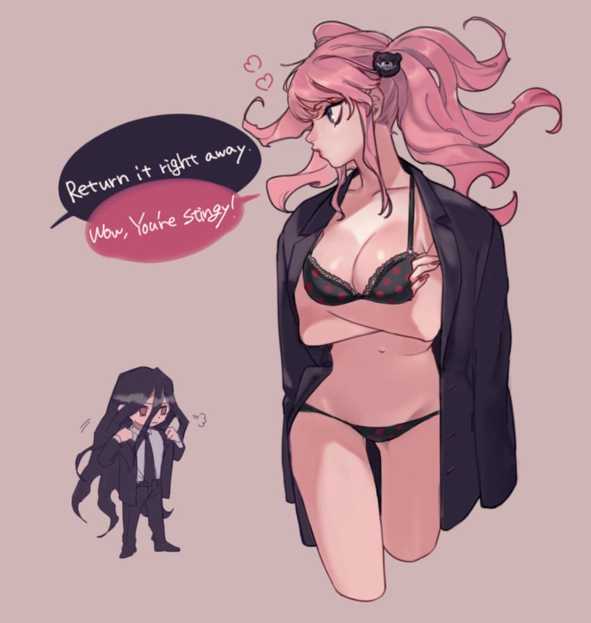 bra breasts danganronpa danganronpa:_trigger_happy_havoc danganronpa_1 danganronpa_2:_goodbye_despair embarrassed_underwear_female euf izuru_kamukura jacket jacket_on_shoulders junko_enoshima large_breasts panties smooth_skin stolen_clothes super_danganronpa_2 underwear underwear_only wearing_others_clothes