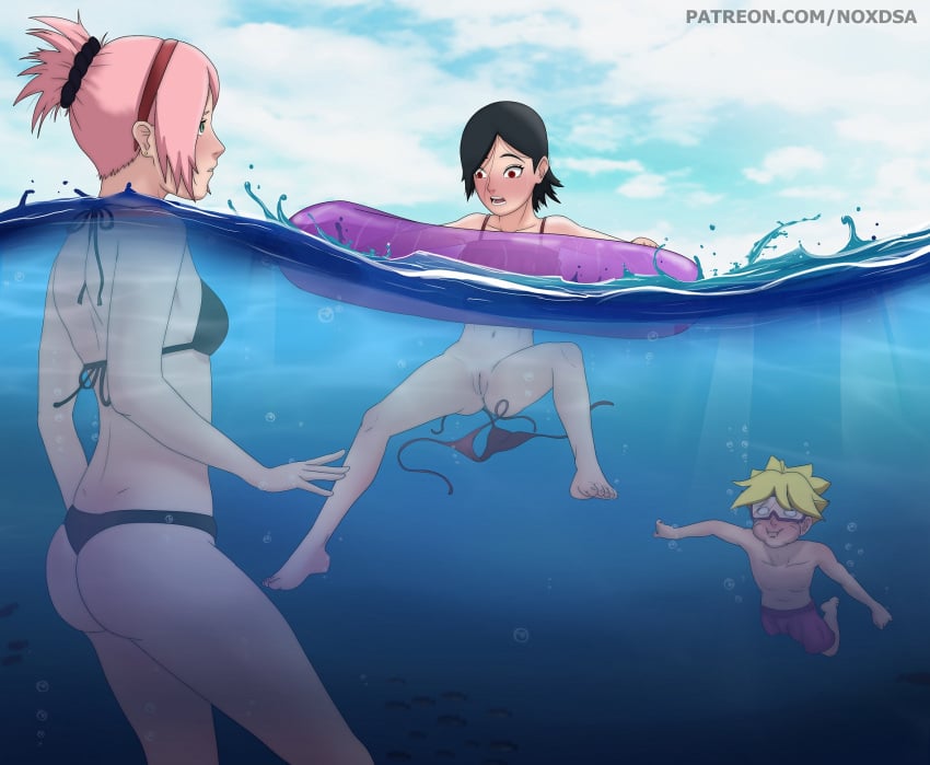 1boy 2girls accident accidental_exposure being_watched bikini_bottom bikini_bottom_removed bikini_top black_hair boruto:_naruto_next_generations bottomless embarrassed exposed_pussy floater floating goggles green_eyes inflatable long_hair mother_and_daughter multiple_girls naruto naruto_(series) no_panties noxdsa ocean partially_submerged partially_underwater_shot pervert pink_hair pussy red_eyes sakura_haruno sarada_uchiha sea short_hair swimming swimwear underwater untied_bikini uzumaki_boruto wardrobe_malfunction watching water yellow_hair