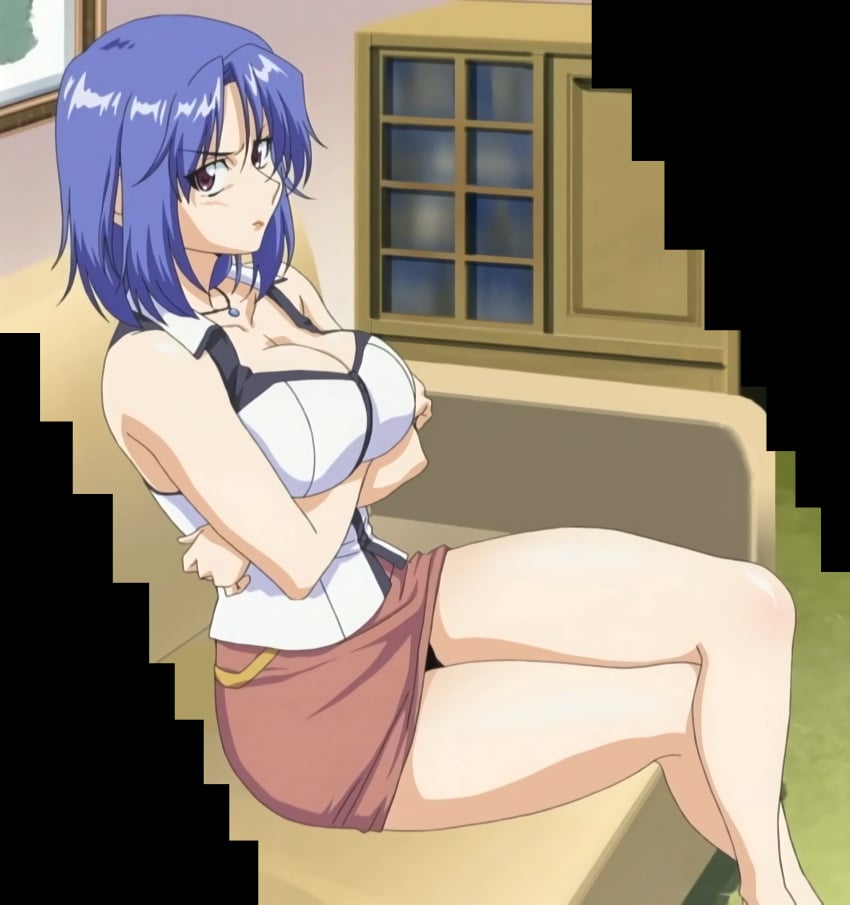 angry angry_face aniyome_wa_ijippari arms_folded blue_hair couch crossed_legs disappointed disappointment discovery_(company) folded_arms katsuragi_mai legs_crossed living_room mad mad_face microskirt milf screencap screenshot serious serious_face serious_look short_skirt sitting sitting_on_couch skirt sleeveless_shirt stitched