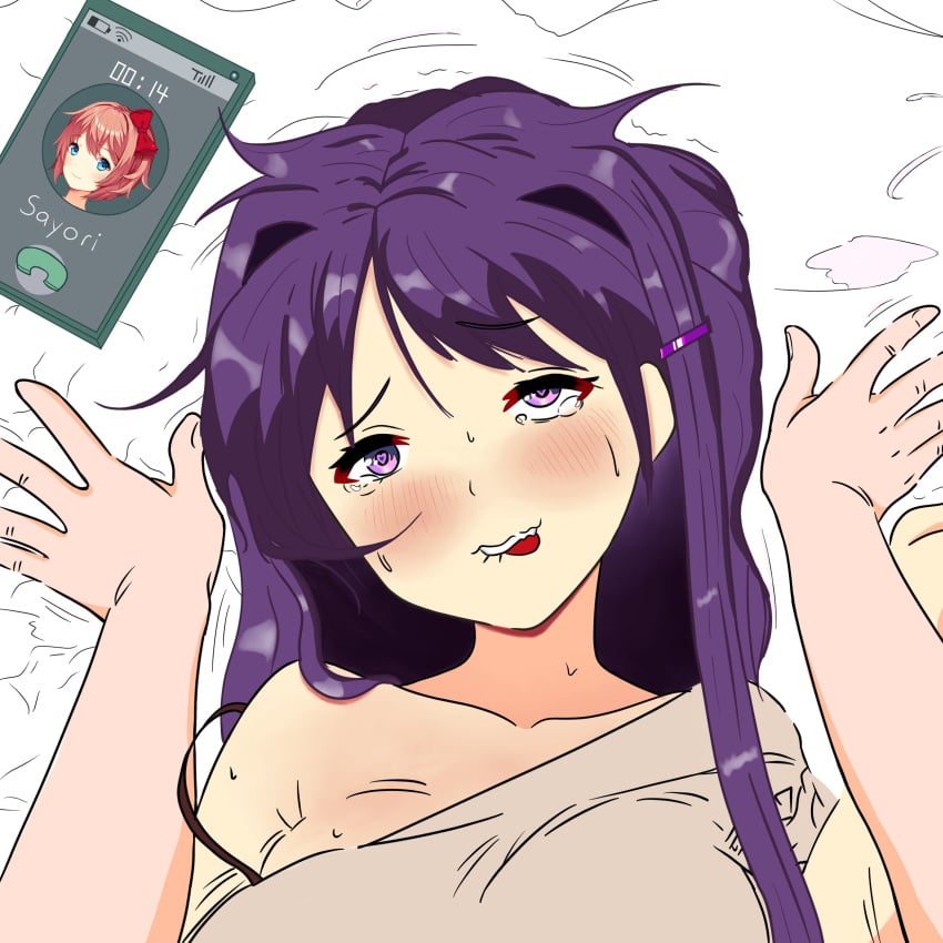 bedsheets blue_eyes bow bra_strap breasts_almost_out doki_doki_literature_club fucked_silly hamham49_(artist) looking_at_viewer male_pov orange_hair phone phone_call phone_ringing phone_screen pinned pinned_down pinned_to_bed pov purple_eyes purple_hair red_bow sayori_(doki_doki_literature_club) smile smiling tears tears_in_eyes tears_of_joy tears_of_pleasure tongue tongue_out yuri_(doki_doki_literature_club)