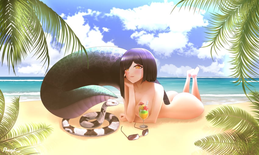 1girls animal beach big_tail black_hair cup drink female feral glasses leaves long_tail looking_at_viewer lying_down lying_on_stomach naked nude ocean plants proxyl saavlewd sand short_hair snake snake_tail solo striped_scales striped_snake summer sunglasses sunglasses_removed tail virtual_youtuber vtuber water yellow_eyes