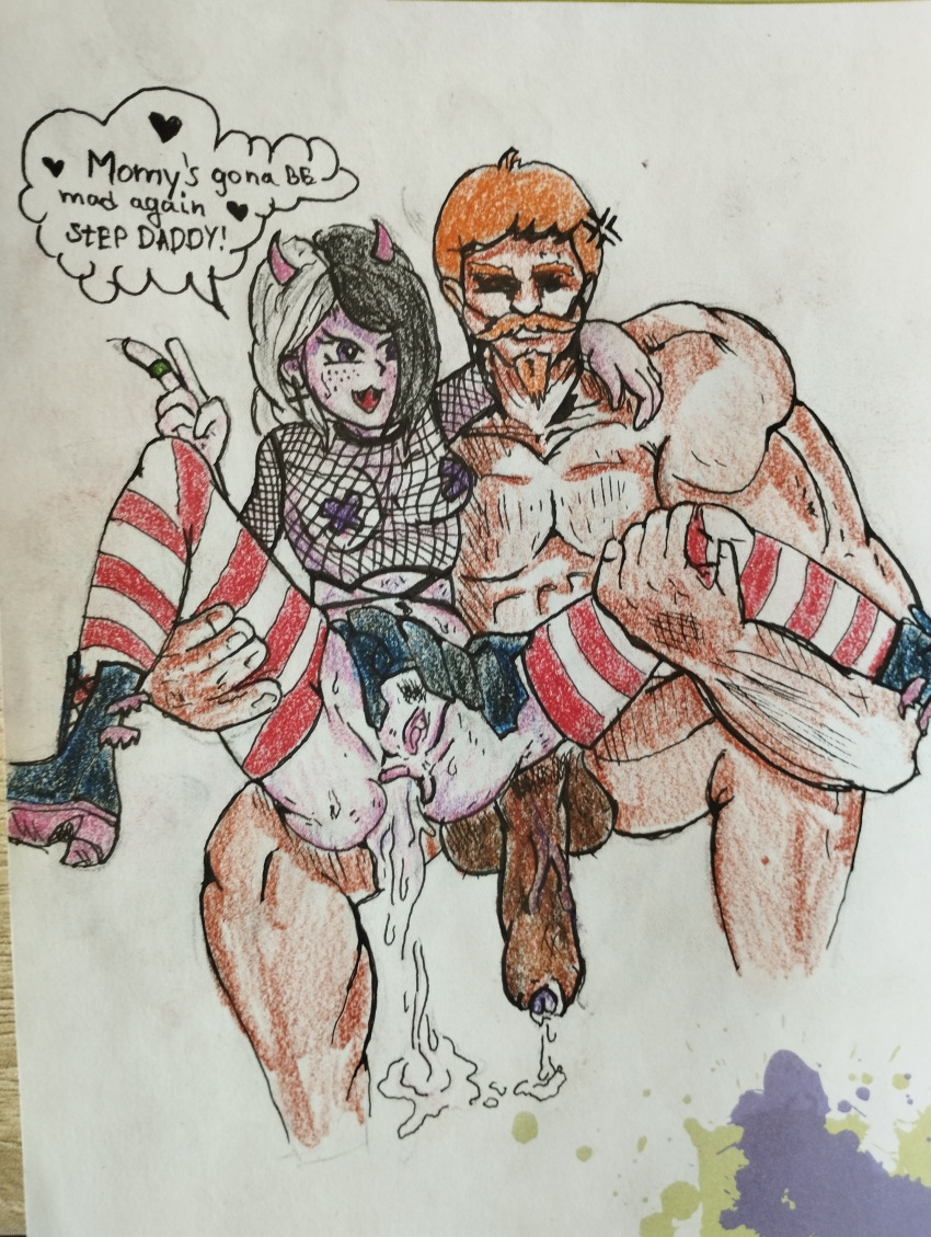 after_anal after_sex big_penis black_hair boots covered_nipples cum_dripping cum_in_ass devil_horns fangs fishnet gaping_anus huge_cock human large_penis medium_breasts mr.dikkens muscular_male oc original_character paper pen_(artwork) purple_eyes short_hair size_difference skirt small_breasts soulshard stockings text_bubble vampire white_and_black_hair white_hair yvonne