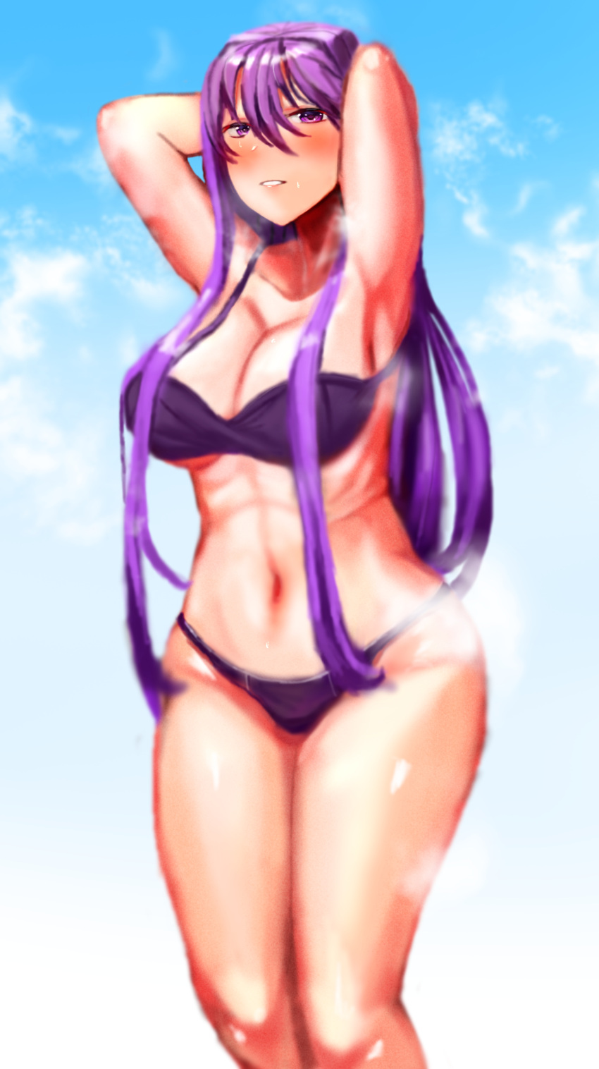 1girls arms_behind_back bikini doki_doki_literature_club female looking_at_viewer natsuwatch_(artist) purple_bikini smile solo steam steamy yuri_(doki_doki_literature_club)