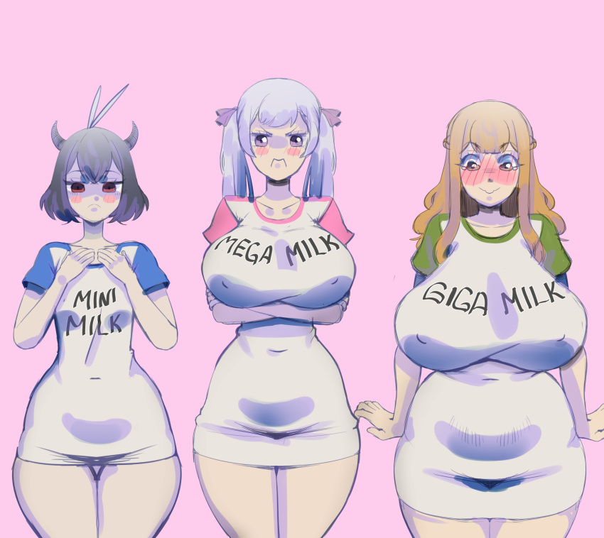 3girls bangs big_breasts black_clover black_hair blush breasts curvy female female_only frown giga_milk green_eyes hi_res hips horn hourglass_figure huge_breasts large_breasts long_hair looking_at_viewer mega_milk mimosa_vermillion mini_milk multiple_girls noelle_silva orange_hair pink_background purple_eyes red_eyes scharlottelambo secre_swallowtail shirt short_hair simple_background small_breasts smile thick_thighs tight_clothing twintails voluptuous white_hair wide_hips