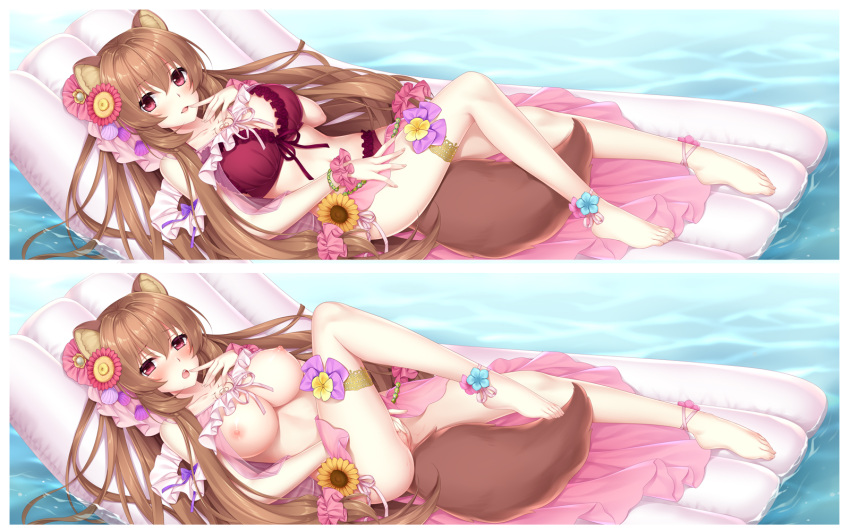 animal_ears ankle_ribbon bare_legs barefoot bikini blue_flower breasts brown_hair cleavage dakimakura_(medium) female female_masturbation flower full_body hair_flower hair_ornament highres inflatable_toy leg_ribbon long_hair looking_at_viewer lying masturbation medium_breasts nipples nude on_back open_mouth pink_flower pink_ribbon pussy raccoon_ears raccoon_girl raccoon_tail raphtalia red_bikini ribbon shiny shiny_hair solo split_screen summer-d_(dodojune) sunflower swimsuit tail tate_no_yuusha_no_nariagari very_long_hair yellow_flower