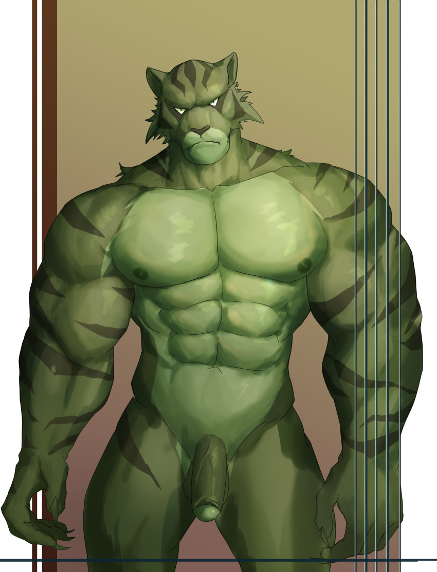 4_fingers abs absurd_res anthro biceps big_biceps big_muscles bottomless claws clothed clothing dark_nose felid feline fingers fur genitals green_body green_fur green_hair hair hi_res humanoid_genitalia humanoid_penis hybrid looking_at_viewer male male_only mammal mr.fu muscular muscular_male nipples nude onlybwg3 pantherine pecs penis pupils sharp_claws simple_background slit_pupils solo stripes tiger topless