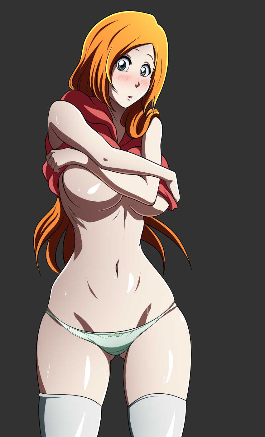 1girls anime_style auburn_hair bedroom big_breasts bleach breasts color colored dressing gray_eyes hoodie huge_breasts inoue_orihime large_breasts lingerie maxi nipples oldhorrorz open_clothes open_shirt orange_hair panties sleeveless sleeveless_shirt solo solo_female stockings sweatshirt thick_thighs thighhighs thighs tights underwear undressing