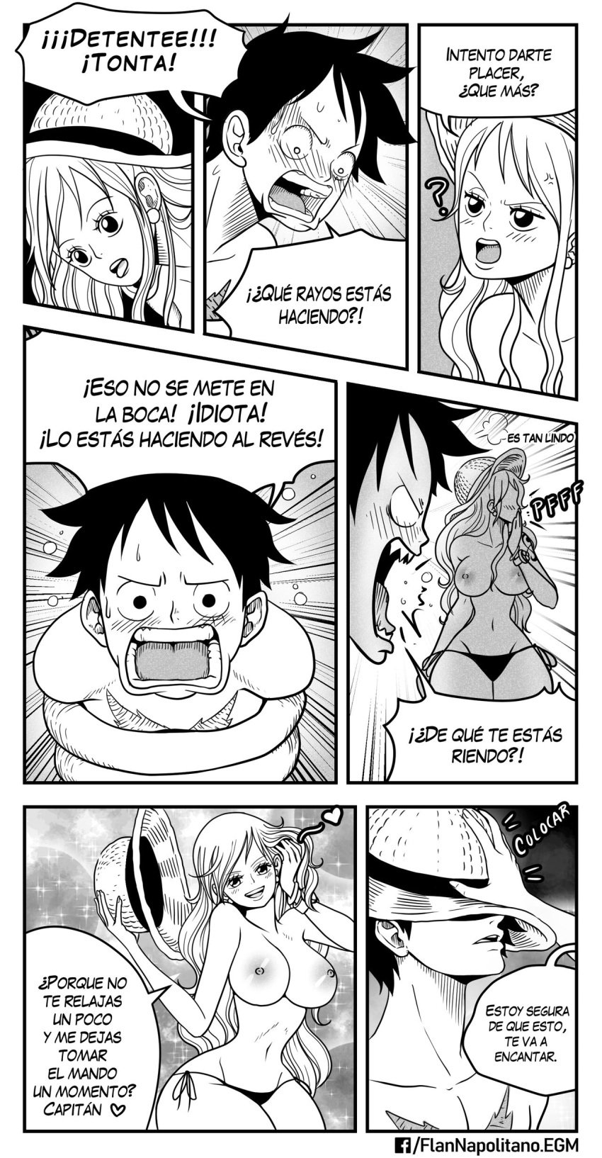 black_and_white comic comic_page elizagmfn female greyscale male monkey_d_luffy nami one_piece seductive spanish_dialogue spanish_text straw_hat text topless topless_female