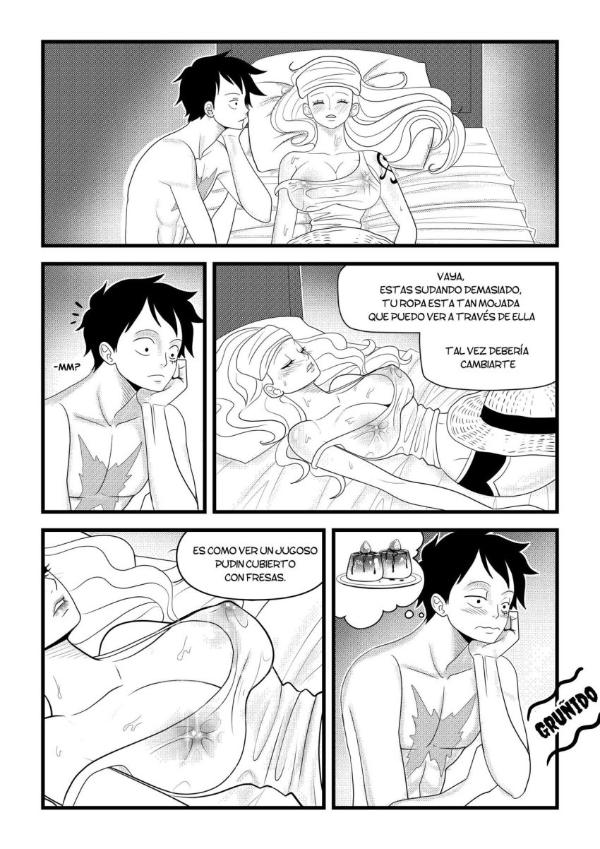 black_and_white black_hair closed_eyes comic comic_page elizagmfn female greyscale hat long_hair male monkey_d_luffy monochrome nami nipples_visible_through_clothing one_piece short_hair sleeping spanish_dialogue spanish_text straw_hat text