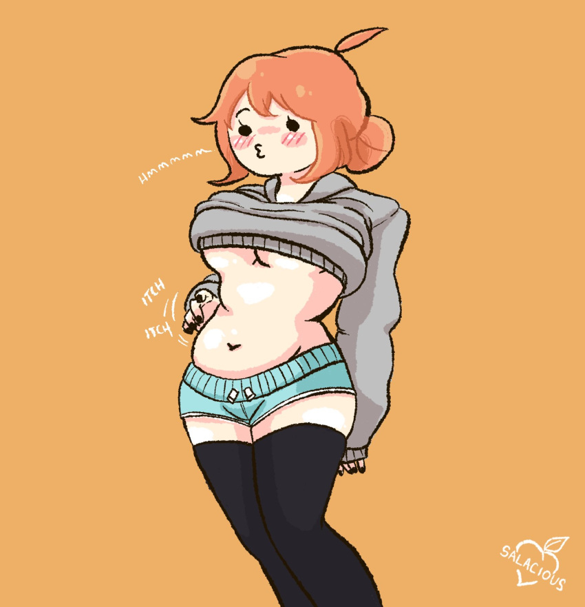 blush itching mob_face oc orange_hair original_character peachy_(salaciouspeachy) red_hair salaciouspeachy scratching scratching_belly short_shorts sweater sweater_lift tagme thighhighs