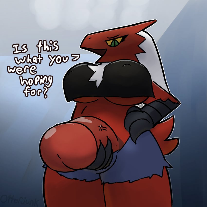 2022 anthro avian beak blaziken breasts carol_(otterjunk) comic english_text first_person_view foreshortening futanari genitals gynomorph hi_res intersex low-angle_view nintendo nipples otterjunk penis pokemon pokemon_(species) solo text video_games worm's-eye_view