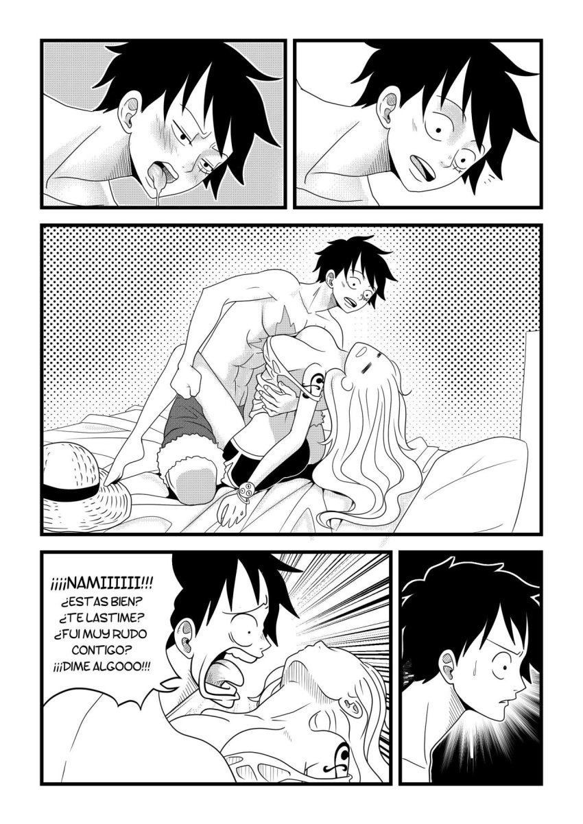 black_and_white black_hair comic comic_page elizagmfn female greyscale long_hair male monkey_d_luffy monochrome nami one_piece scar short_hair spanish_dialogue spanish_text text