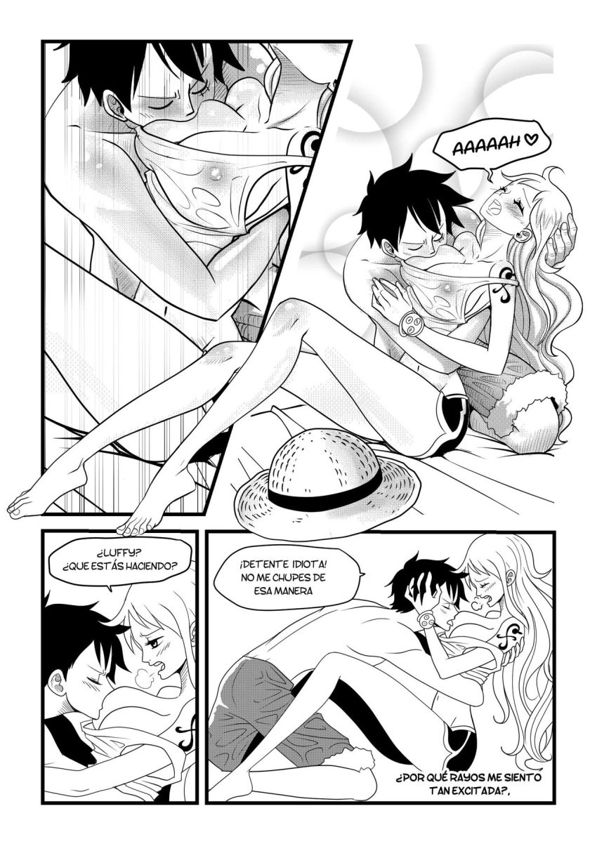 1boy 1girls black_and_white breast_sucking comic comic_page elizagmfn female greyscale hat male monkey_d_luffy monochrome nami one_piece spanish_dialogue spanish_text straw_hat