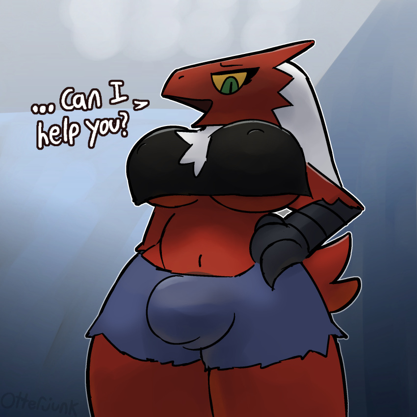 2022 anthro avian beak blaziken breasts bulge carol_(otterjunk) comic english_text first_person_view gynomorph hi_res intersex low-angle_view nintendo nipples otterjunk pokemon pokemon_(species) solo text under_boob video_games worm's-eye_view