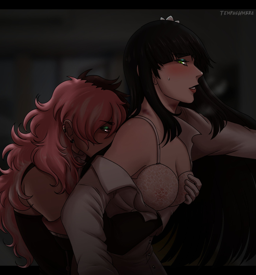 2girls absurd_res black_hair blush green_eyes groping groping_from_behind lesbian looking_at_partner looking_back medium_breasts melanie_malachite multicolored_hair neo_(rwby) open_shirt passionate piercing pink_eyes pink_hair rwby tempusumbra tempusumbra_(artist) undressing_partner white_bra yuri