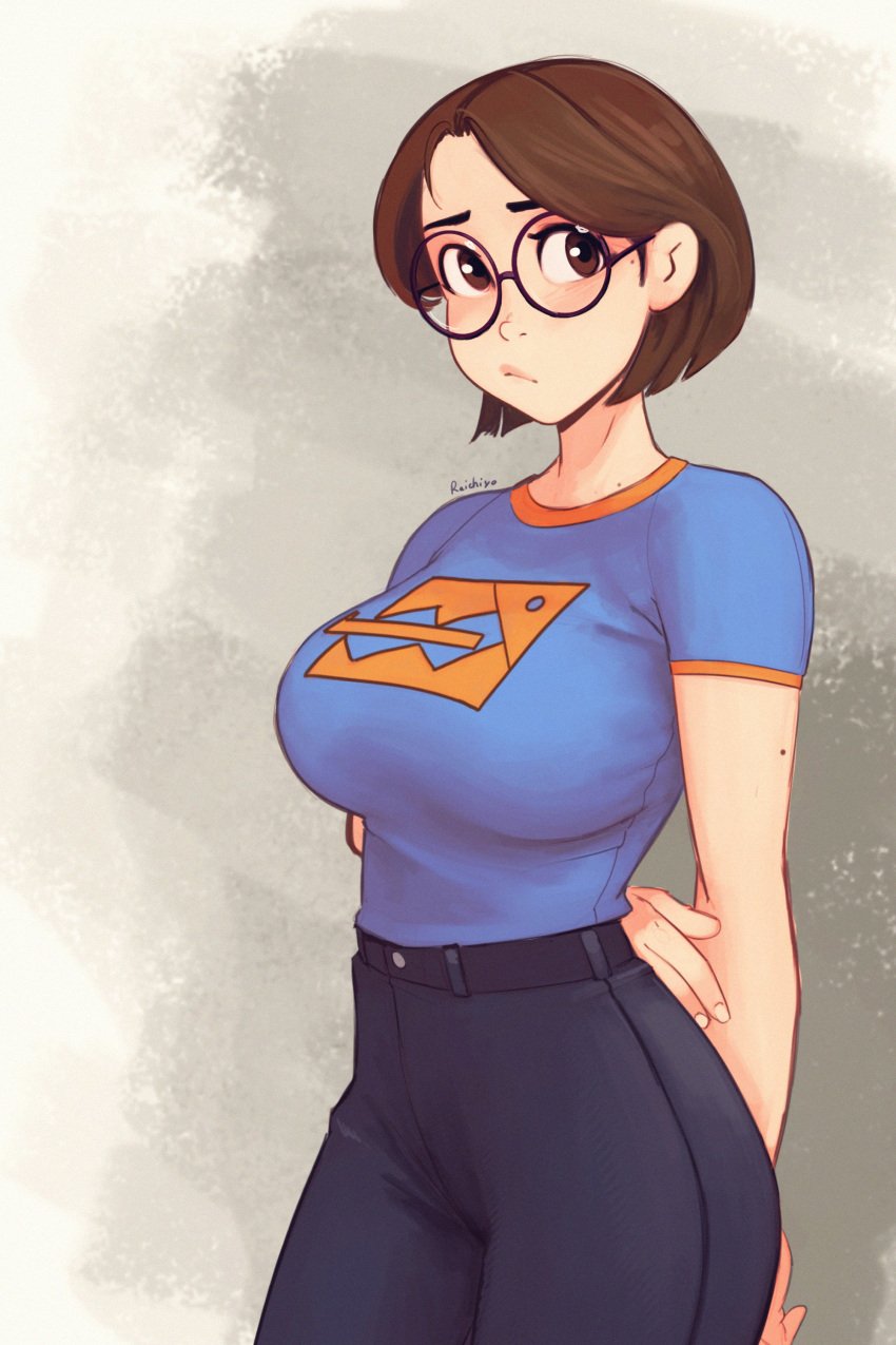 beauty_mark big_breasts breasts cute female glasses original original_character raichiyo33 round_glasses short_hair shy tagme