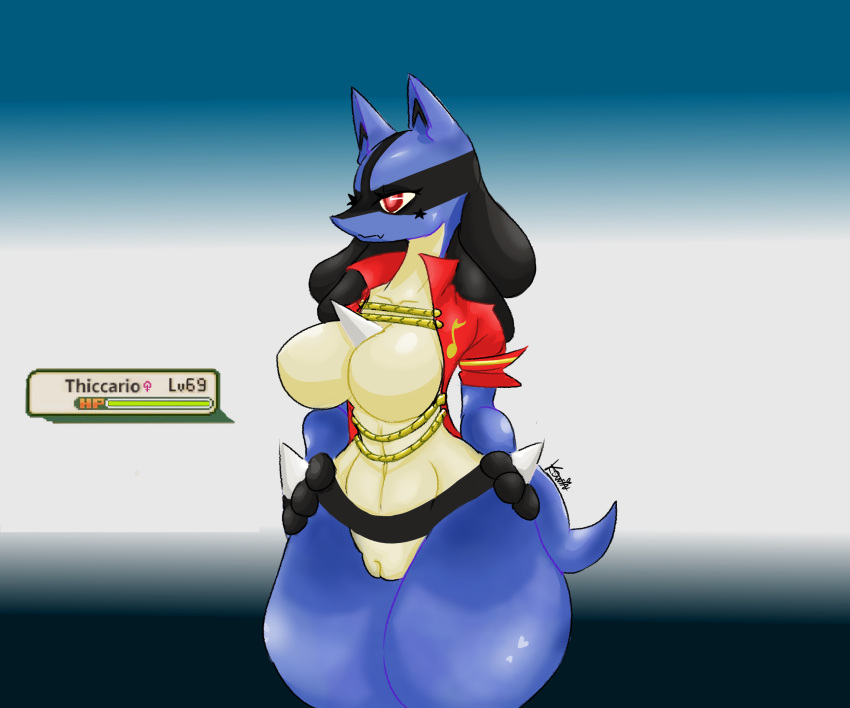 big_breasts blue_body breasts canid canine clothing facial_tattoo female gameplay_mechanics gold_(metal) health_bar hi_res humanoid karinfysh lucario mammal multicolored_body nintendo pokemon pokemon_(species) red_clothing red_eyes solo spikes spikes_(anatomy) tattoo thick_thighs uncaring video_games