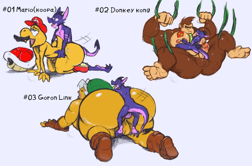 alfa_quinto_(artist) alfa_quinto_(character) ape ass balls big_butt clothing crossover doggy_style donkey_kong donkey_kong_(series) dragon facial_hair from_behind_position gay genitals gorilla goron goron_link haplorhine hat headgear headwear hi_res koopa koopa_troopa majora's_mask male male/male male_only mammal mario_(series) moustache necktie nintendo pecjob pecs penis primate scalie sex super_smash_bros. the_legend_of_zelda video_games