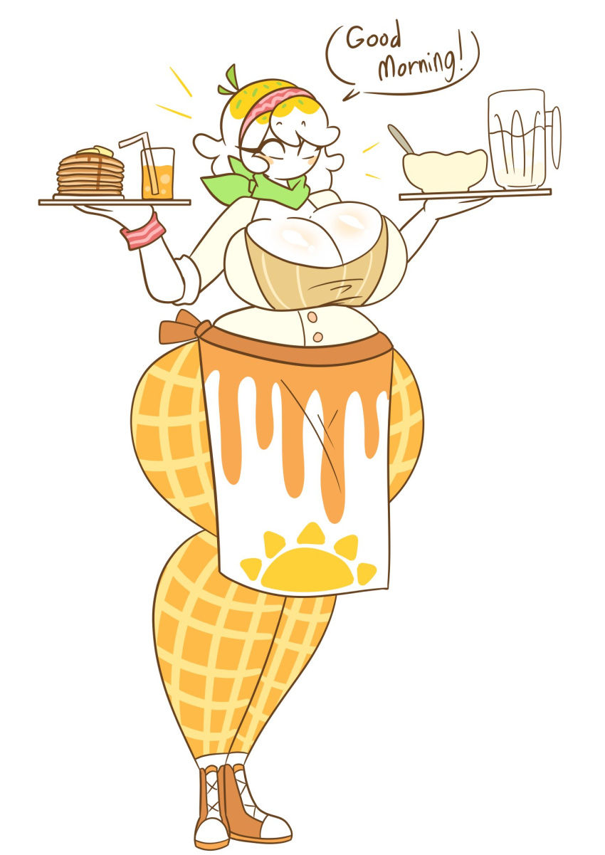 big_breasts bowl breasts female food food_creature maple_syrup oddly_bally orange_juice pancake sun syrup tagme waffles