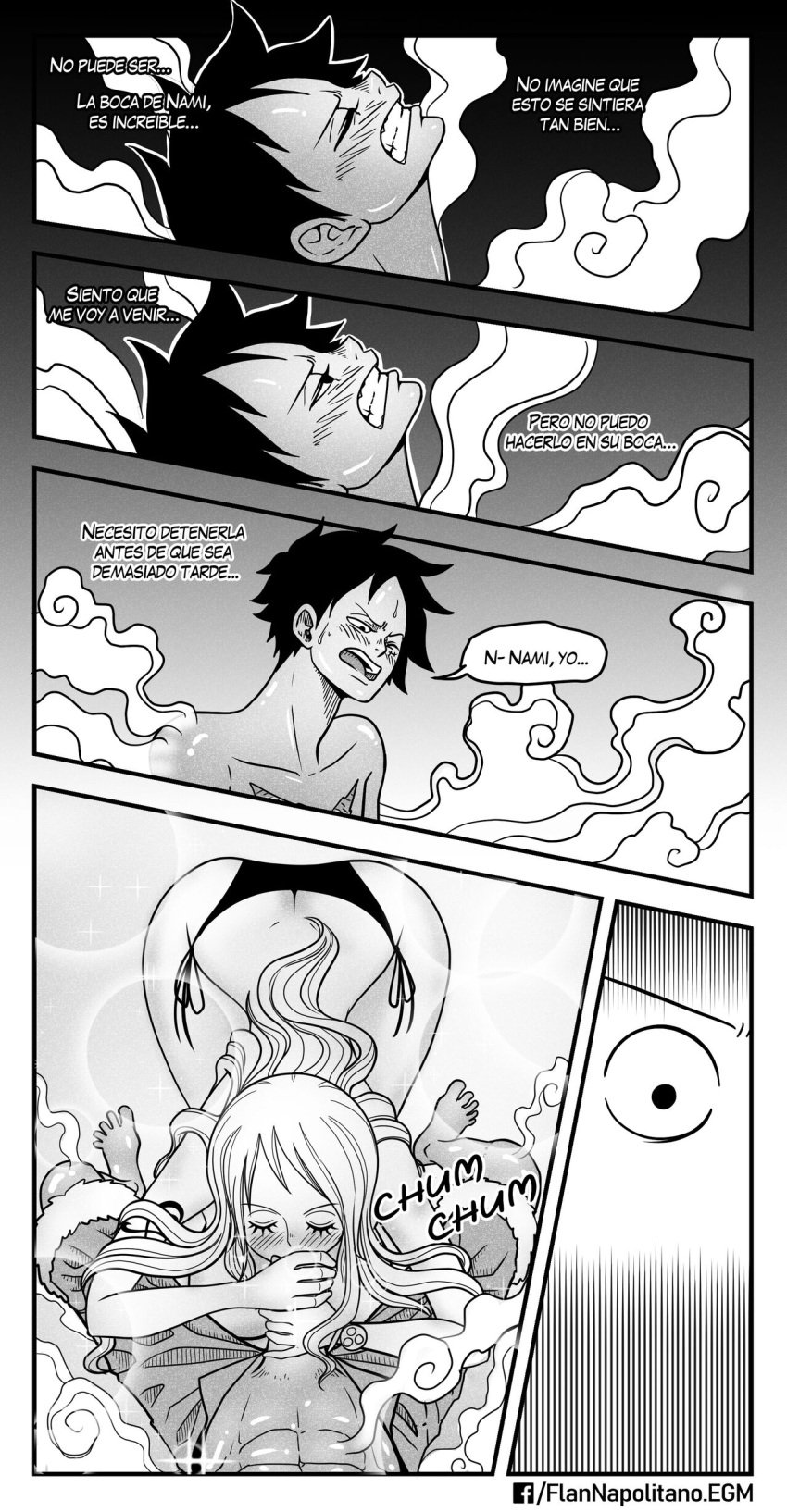 1boy 1girls black_and_white blowjob comic comic_page elizagmfn fellatio female greyscale hand_on_penis handjob implied_oral male monkey_d_luffy nami one_piece oral post-timeskip spanish_dialogue spanish_text straw_hat topless topless_female