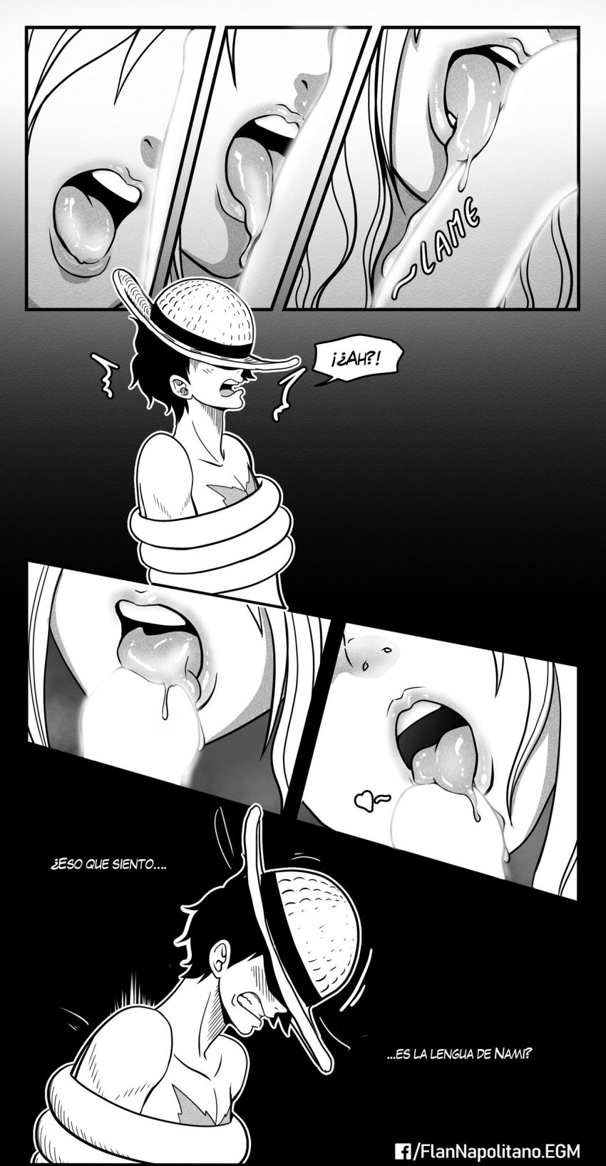 black_and_white comic comic_page elizagmfn fellatio female greyscale hat licking_penis male monkey_d_luffy nami one_piece spanish_dialogue spanish_text straw_hat topless topless_female