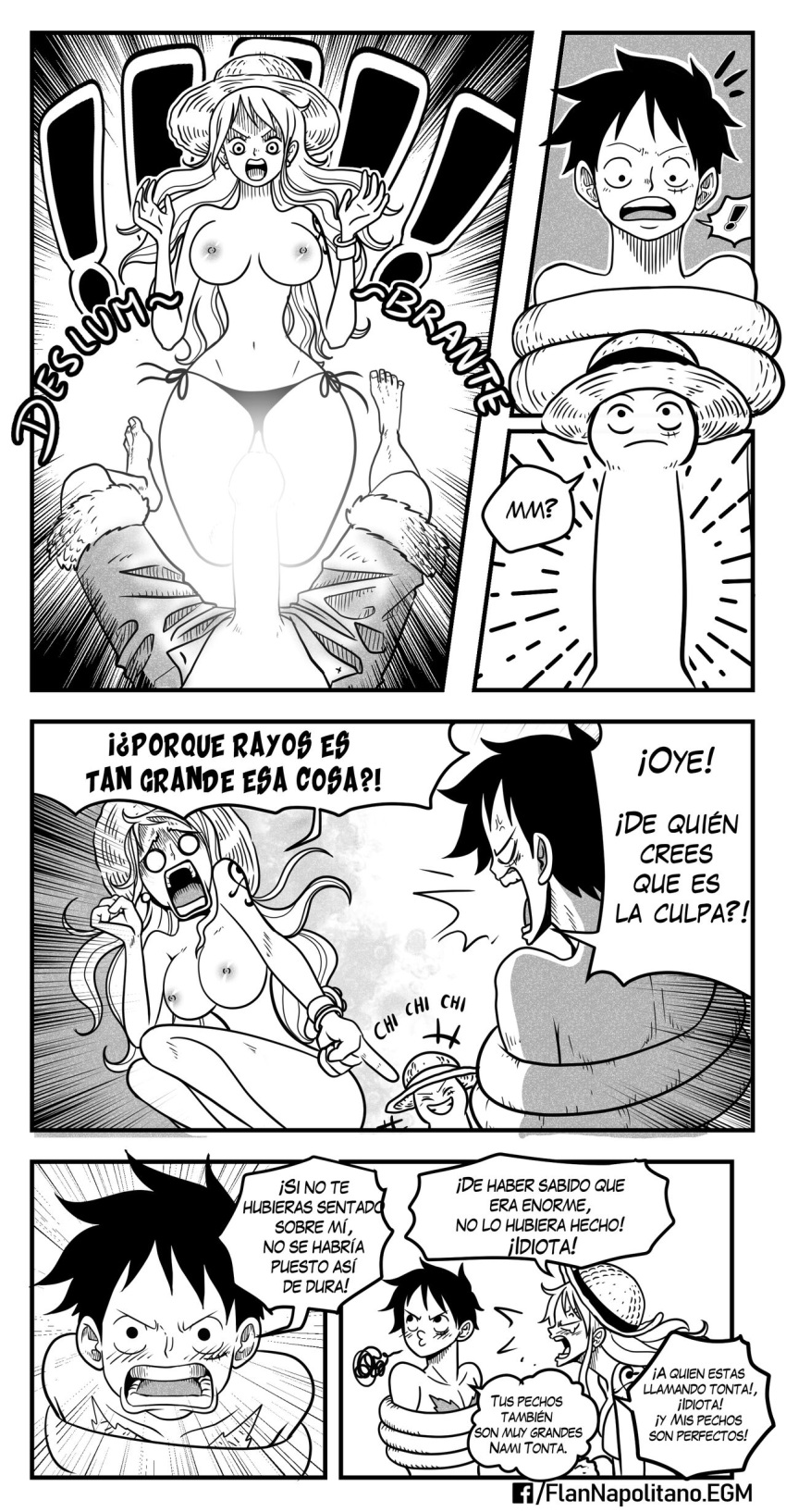 black_and_white comic comic_page elizagmfn female greyscale male monkey_d_luffy nami one_piece penis penis_out spanish_dialogue spanish_text straw_hat surprised text topless topless_female