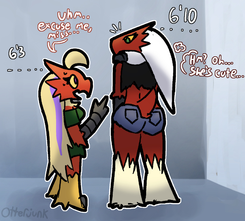 2022 ahoge anthro ass avian beak blaziken blonde_female bottomwear carol_(otterjunk) clothed clothing comic cutoffs denim denim_clothing dress duo female hair hi_res nintendo otterjunk pokemon pokemon_(species) racha_(otterjunk) rear_view shorts size_difference text video_games